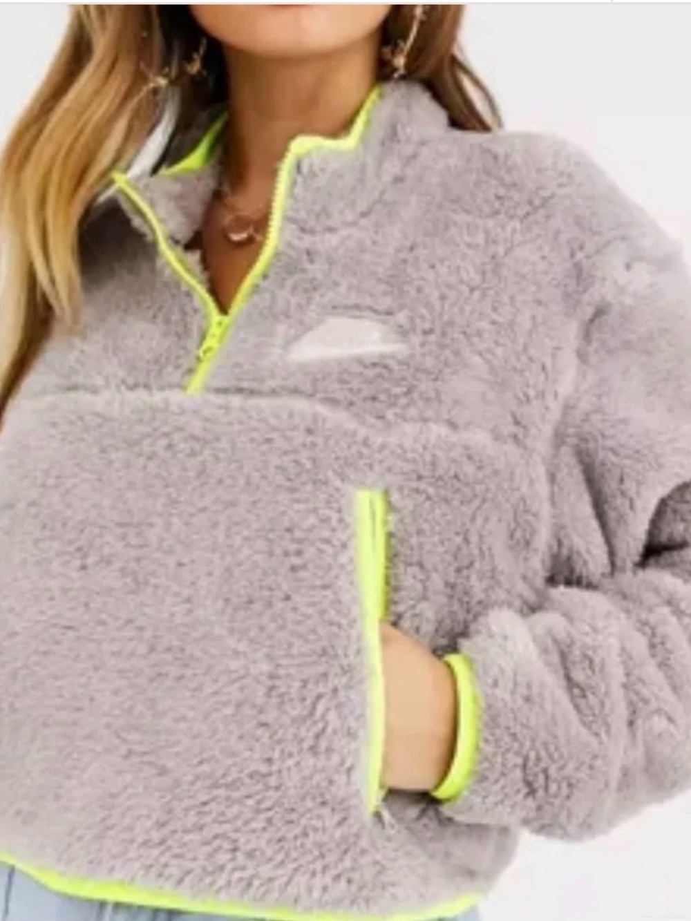 Nike Cropped Teddy Pullover Jacket in Light Gray with Neon Yellow Trim